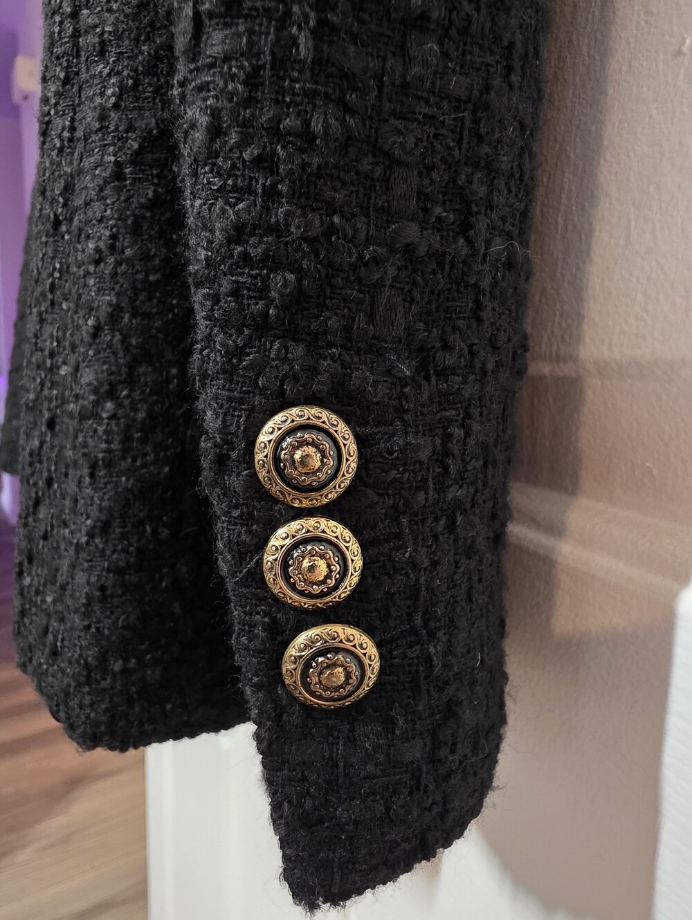 ZARA Double-Breasted Tailored Tweed Textured Blazer- Black Gold Buttons Accent - Picture 8 of 9
